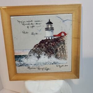 Wood Framed ceramic tile Point Bonita lighthouse handpainted by D. Morgan 8x8